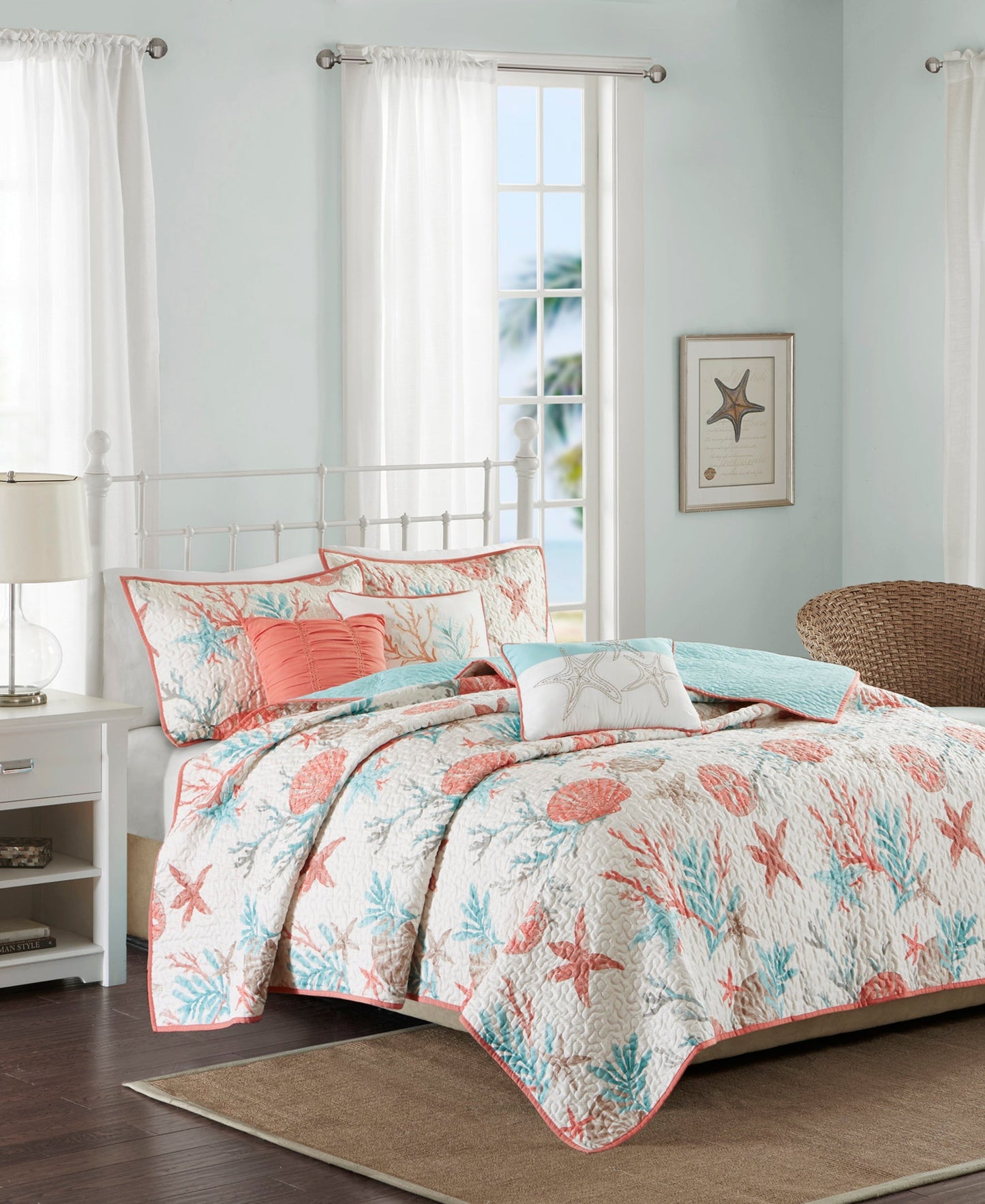 Ocean View 6 Piece Sateen Quilt Set with Throw Pillows