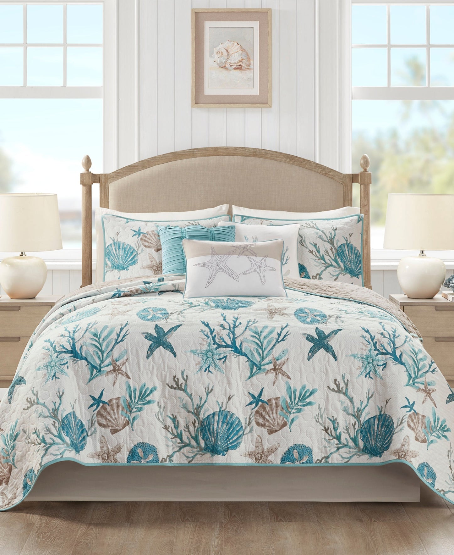 Ocean View 6 Piece Sateen Quilt Set with Throw Pillows