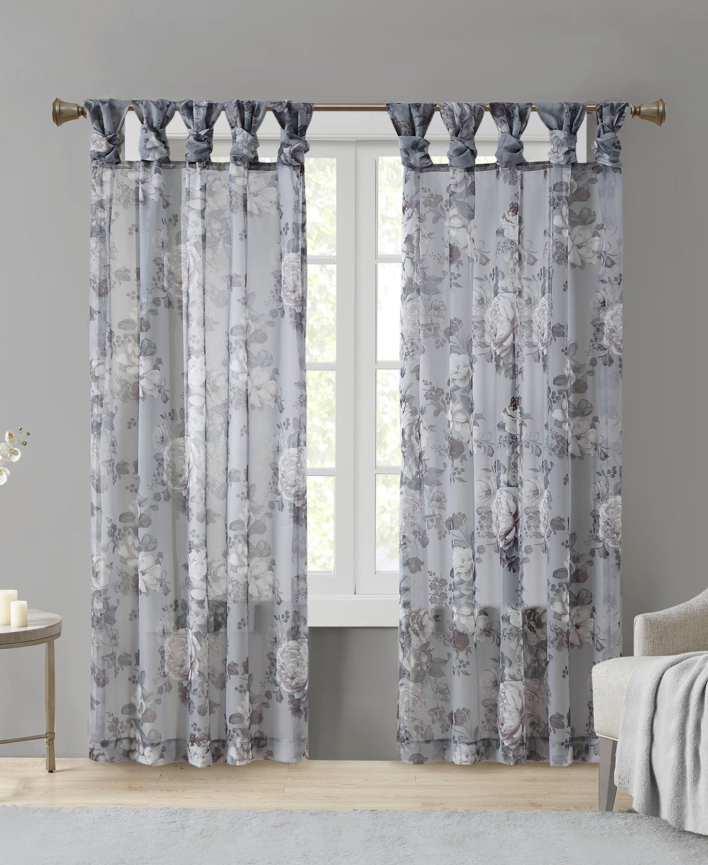Fleur Rod Pocket Voile Sheer Curtain Stone Grey