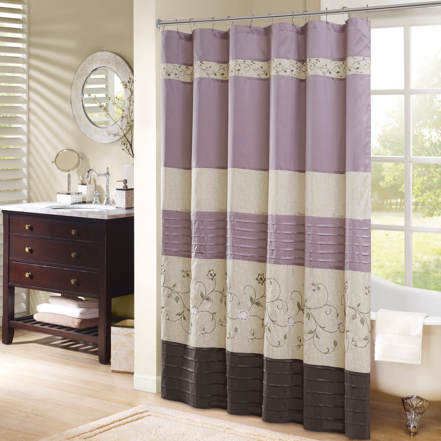 Monroe Faux Silk Embroidered Floral Shower Curtain