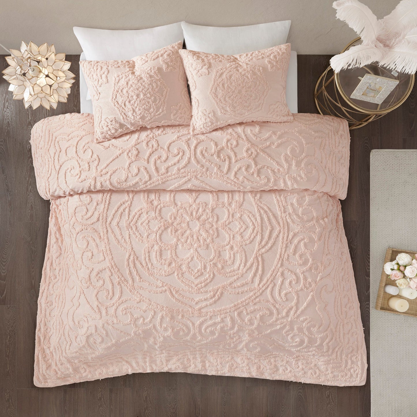 Cecily Tufted Cotton Chenille Medallion Duvet Cover Set Blush