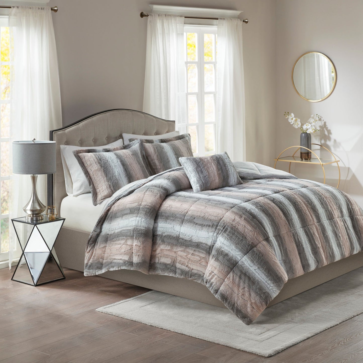 Marselle Faux Fur Comforter Set Grey