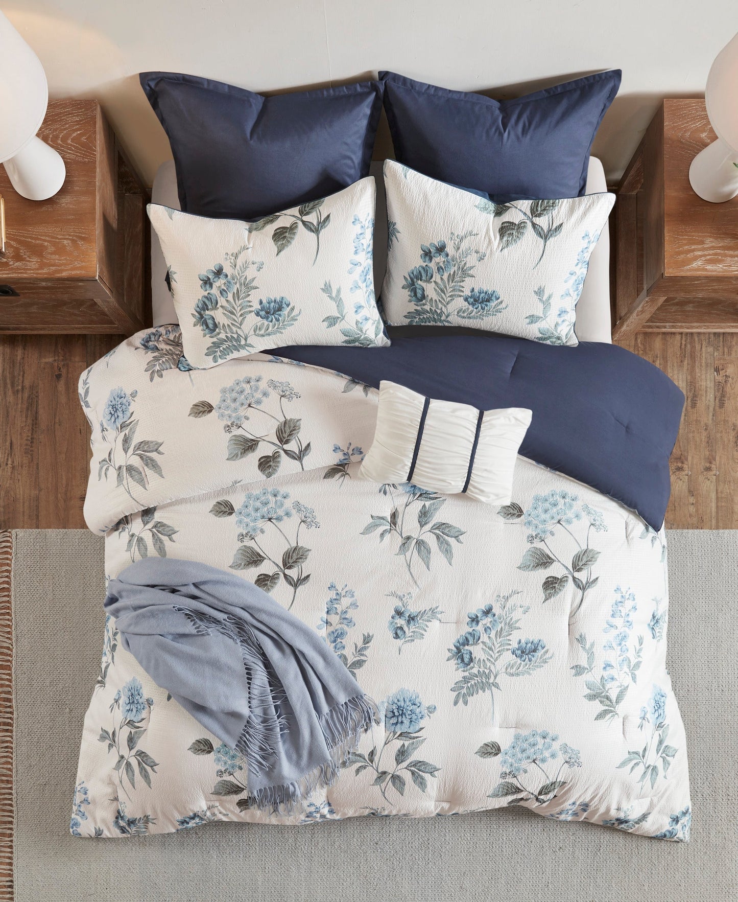 Benita 7 Piece Printed Seersucker Comforter Set with Throw Blanket