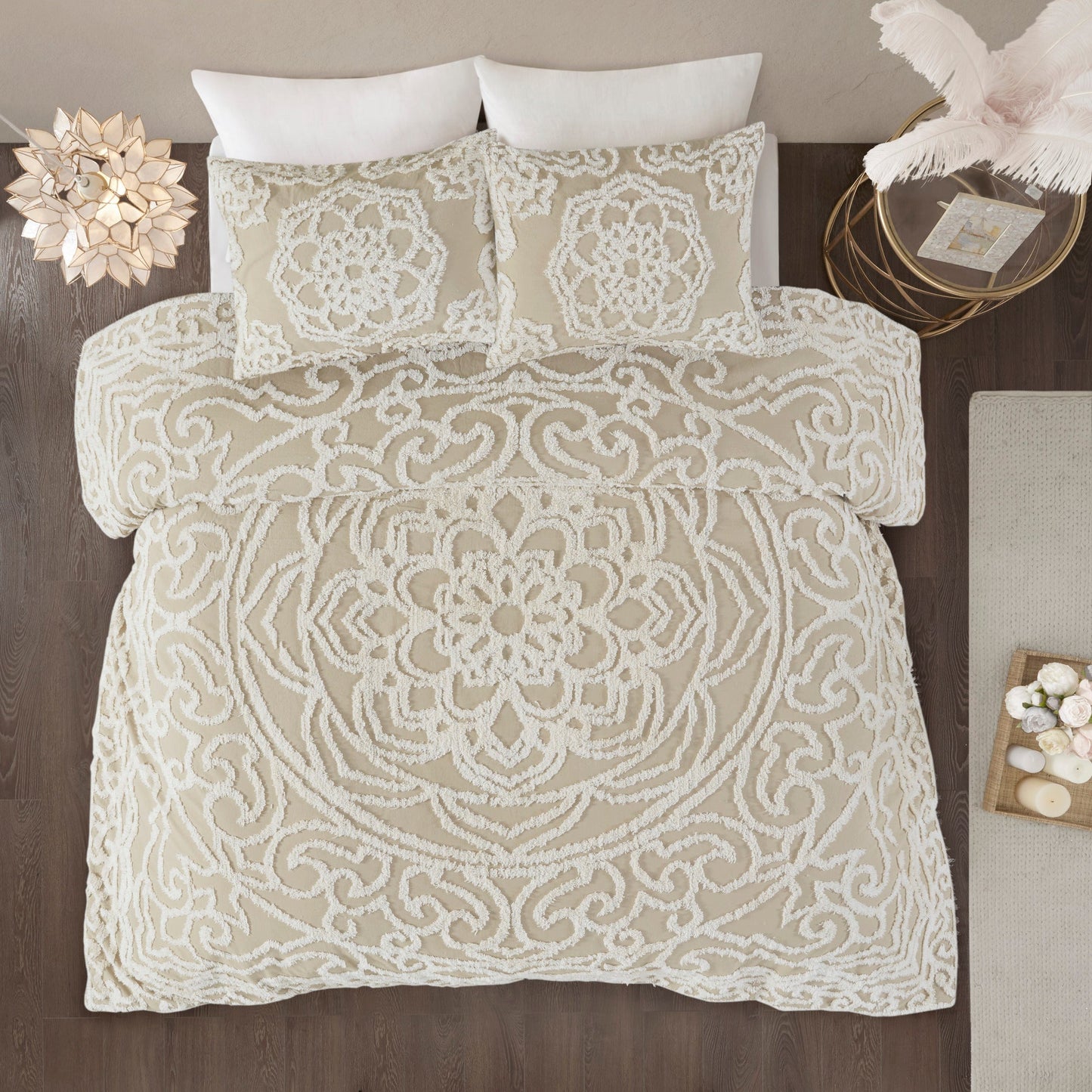 Cecily Tufted Cotton Chenille Medallion Duvet Cover Set Taupe