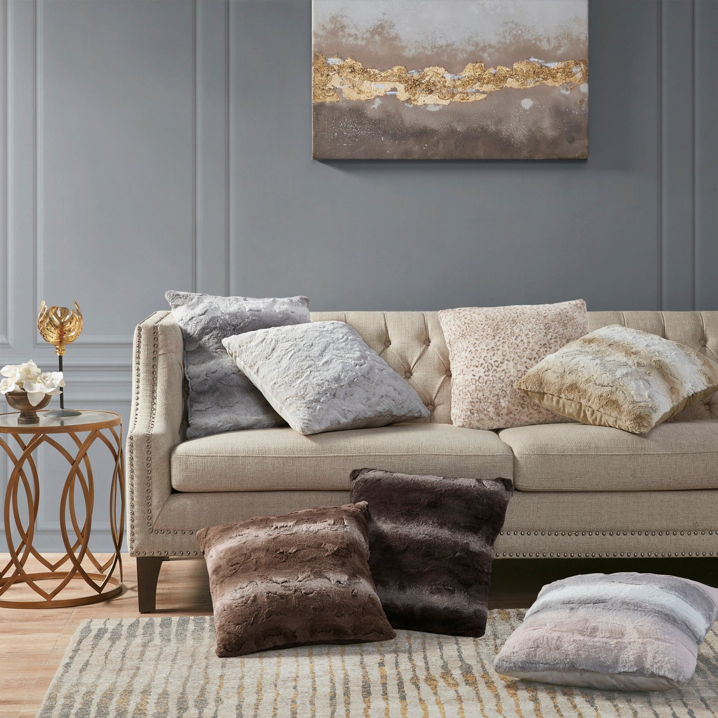 Marselle Faux Fur Square Pillow Grey