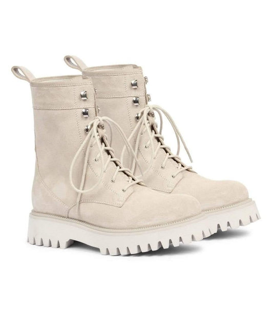Anastasia Suede Leather Lace-up Boots Ivory